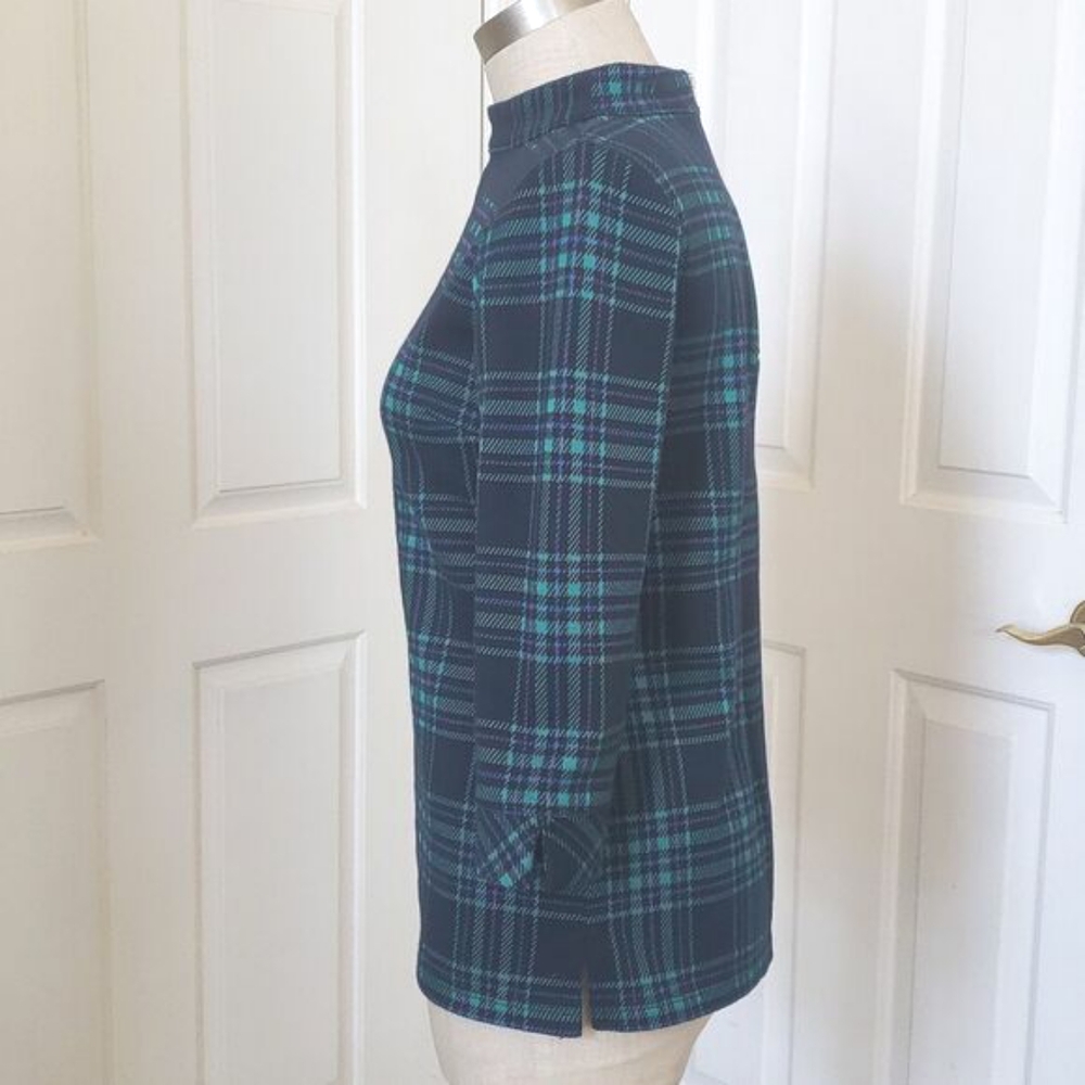 TALBOTS Funnel Neck Knit Top Blue Green Black Blackwatch Plaid - Picture 5 of 16
